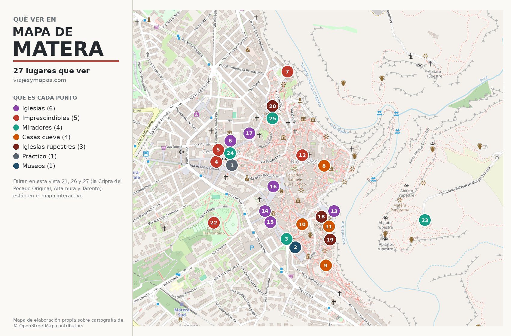 Mapa de Matera con los 27 lugares que ver en la ciudad y alrededores