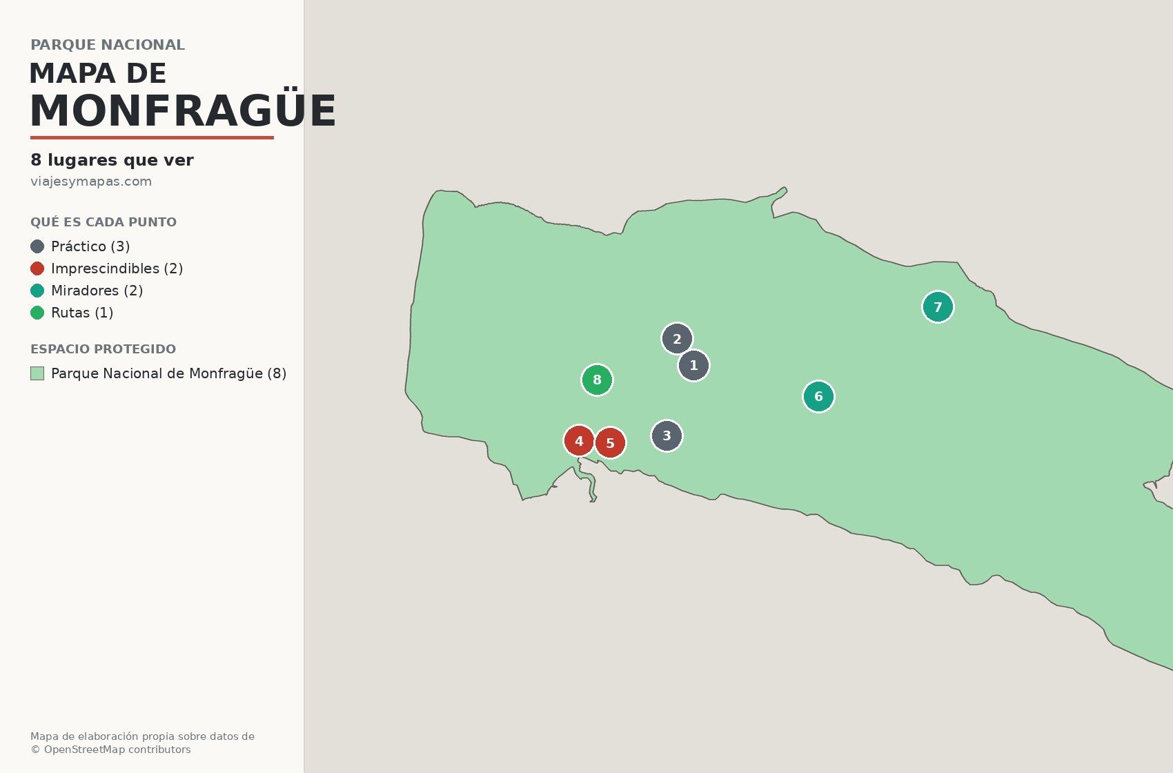 Mapa del Parque Nacional de Monfragüe con los lugares que ver en la ruta