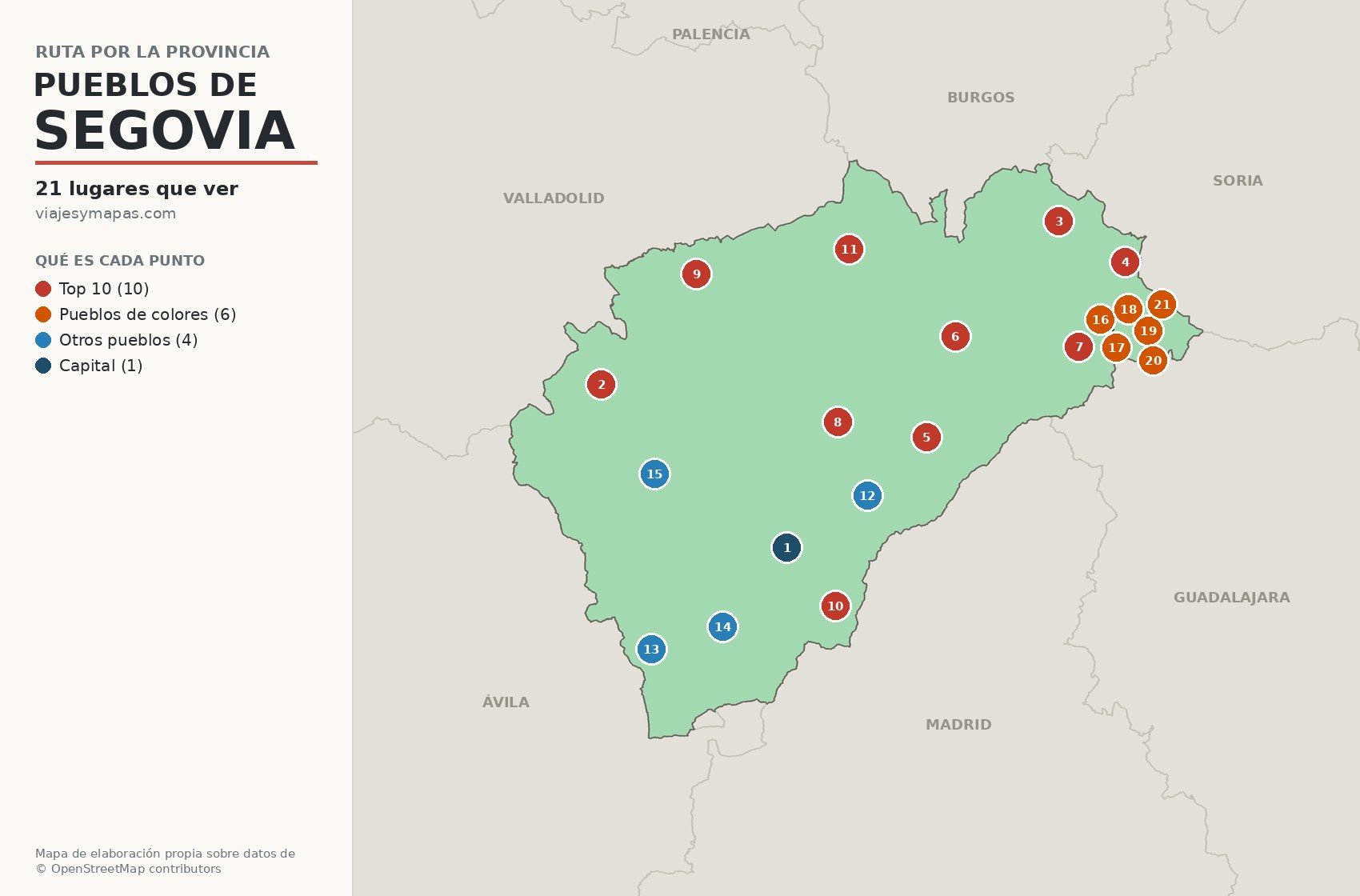 Mapa de los pueblos más bonitos de Segovia con los 21 lugares de la ruta por la provincia