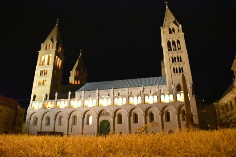Catedral de Pécs con sus cuatro torres iluminada de noche