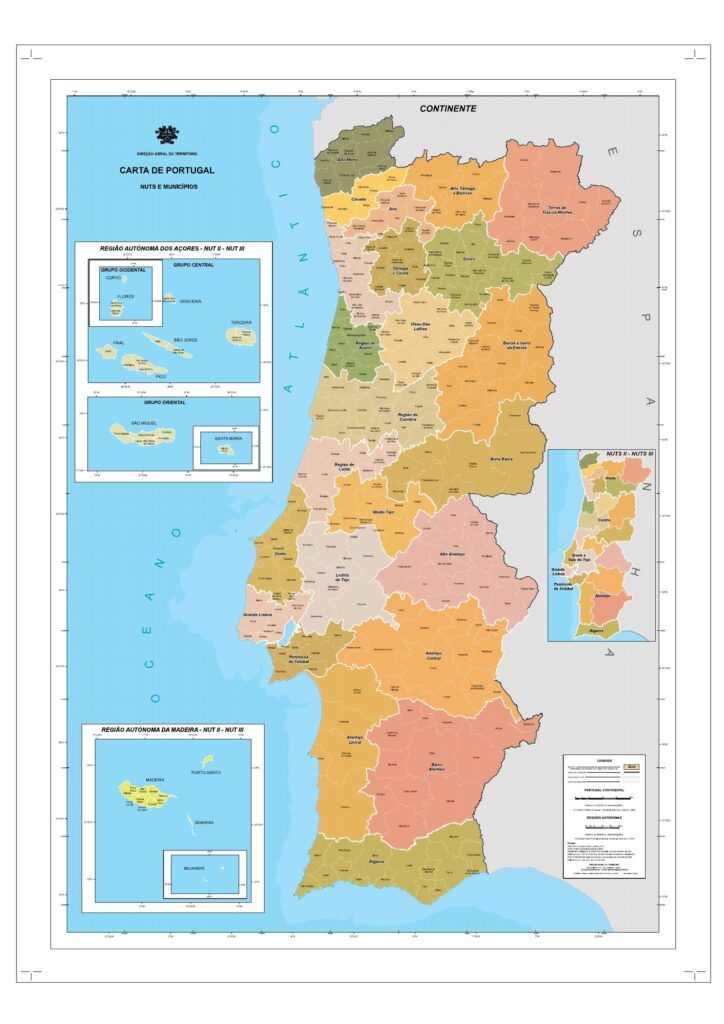 Mapa administrativo oficial de Portugal con distritos, municipios, Azores y Madeira (CAOP2025)