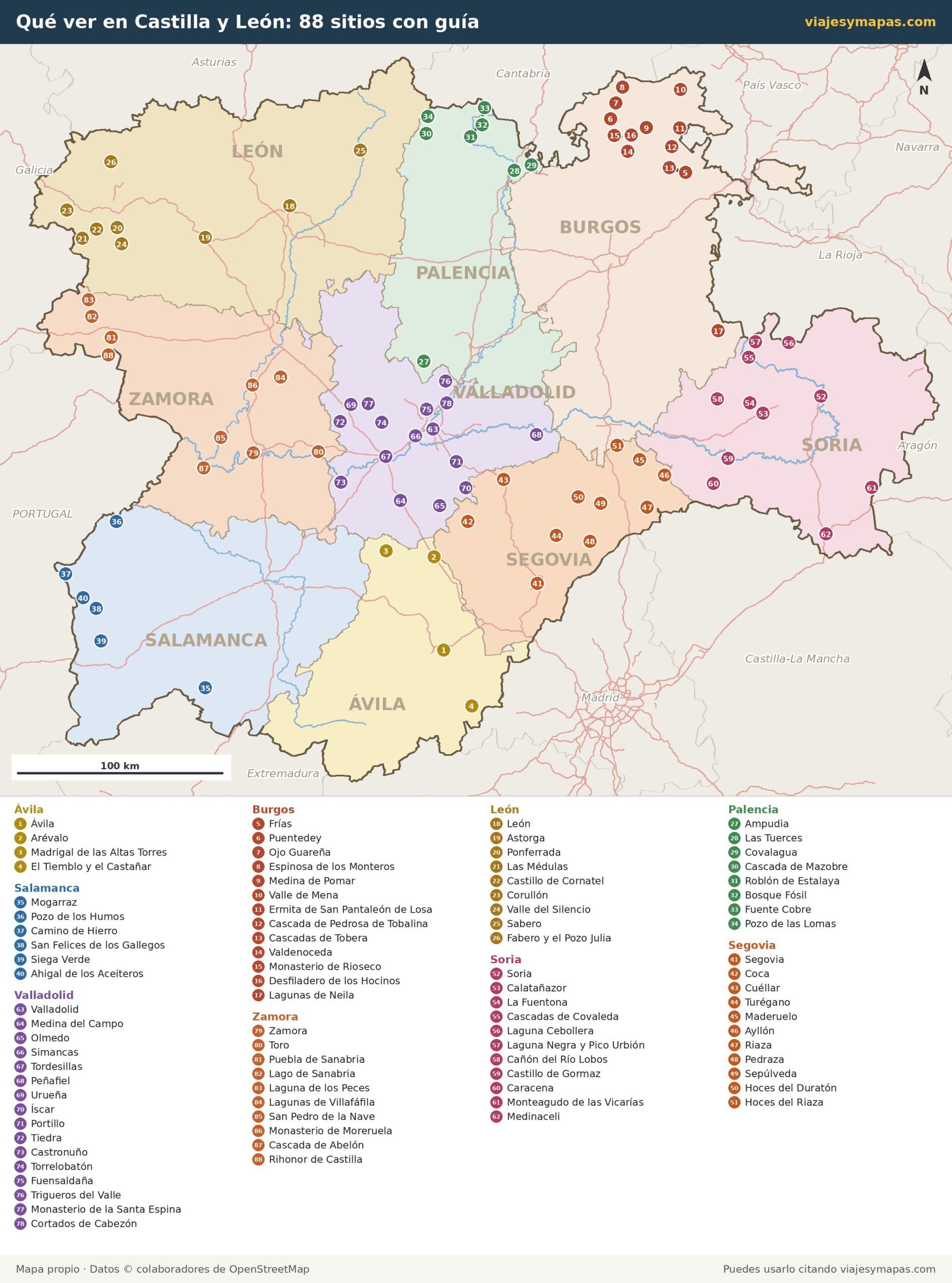 Mapa de Castilla y León con 88 sitios que ver numerados por provincias