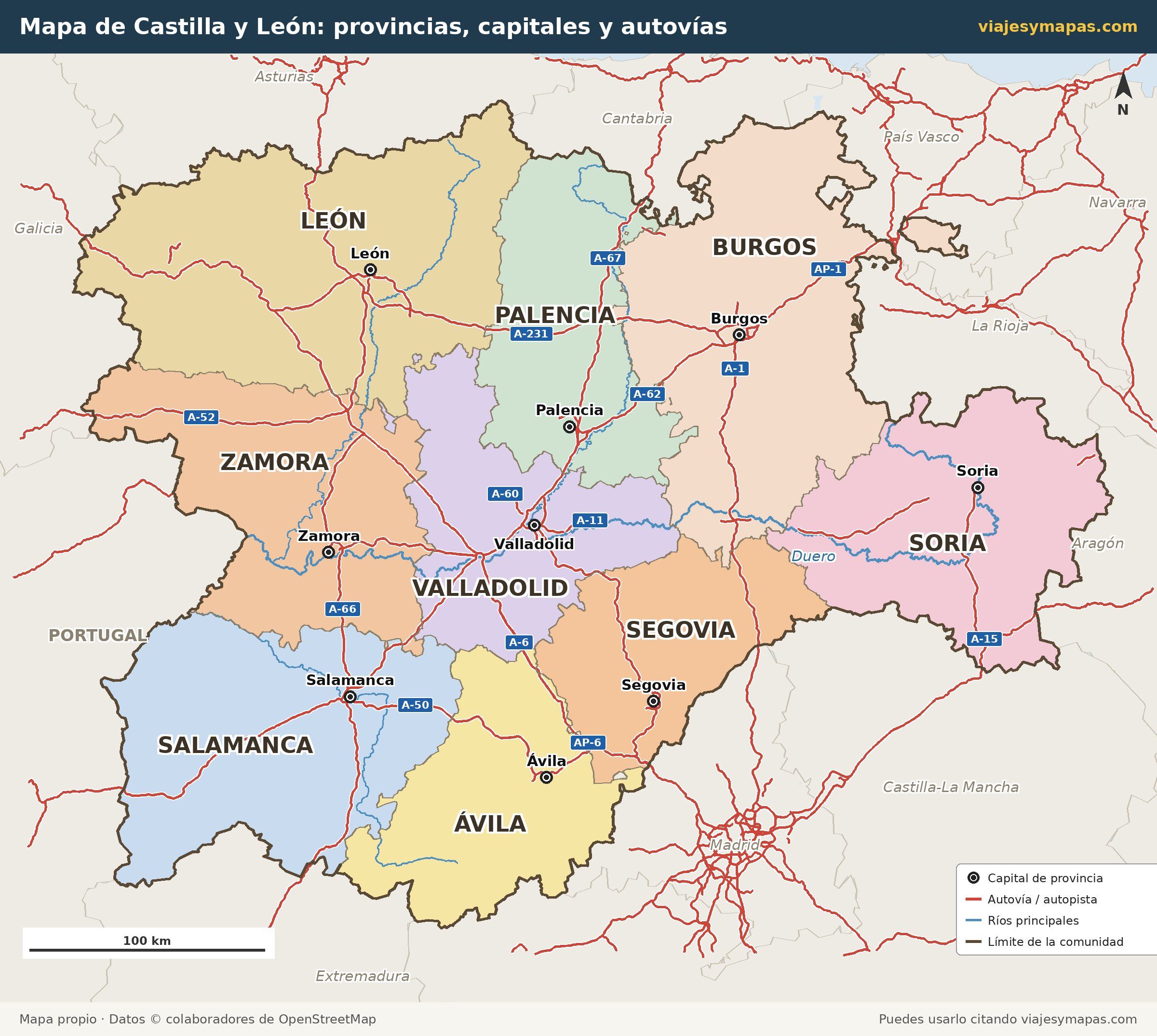 Mapa de Castilla y León con sus nueve provincias, las capitales, las autovías y los ríos principales