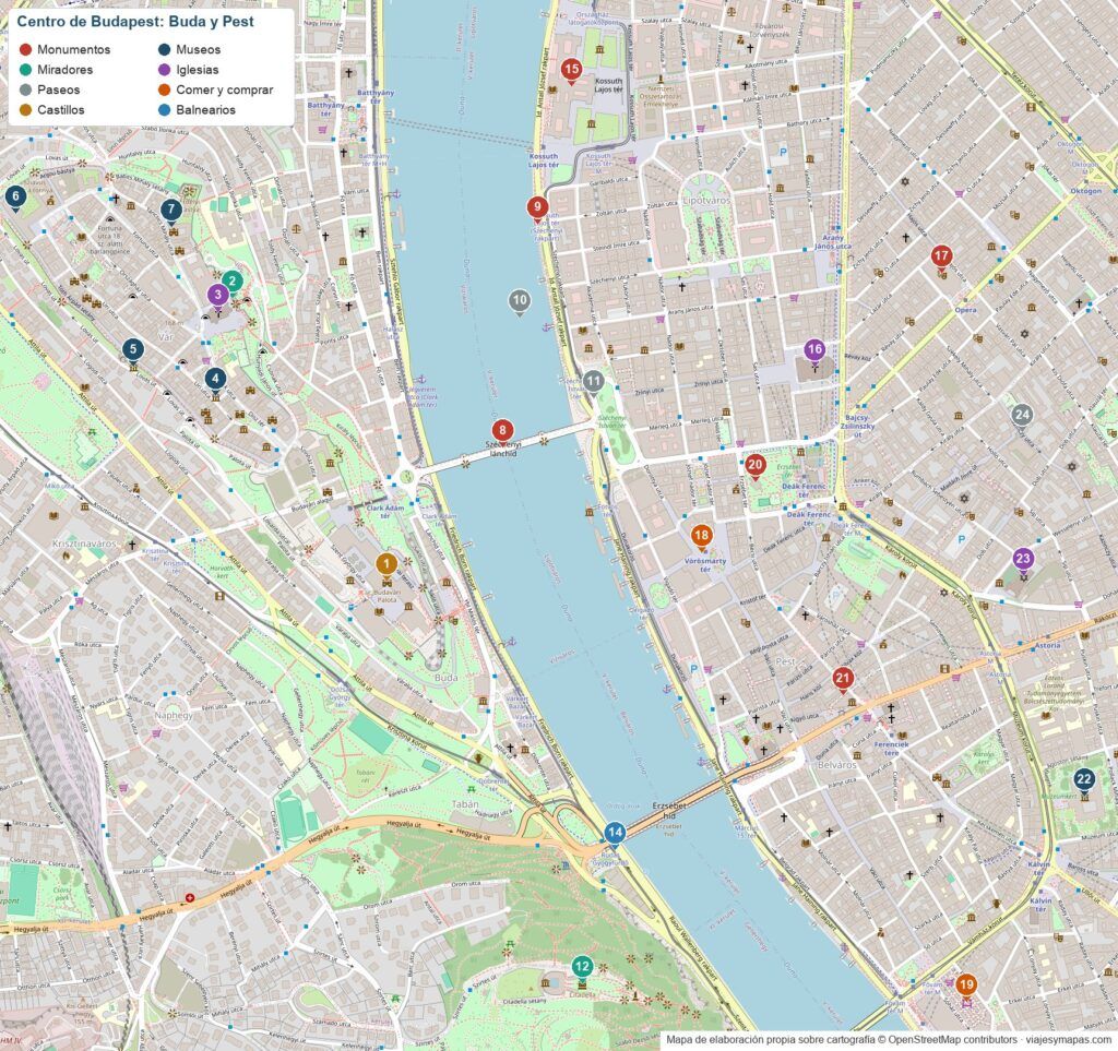 Mapa del centro de Budapest con Buda y Pest y los lugares numerados
