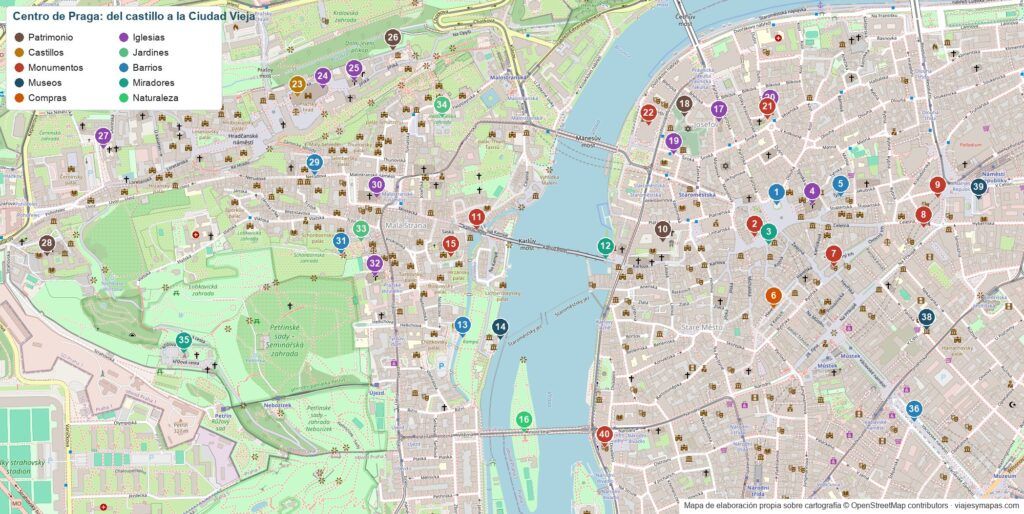 Mapa del centro de Praga, del castillo a la Ciudad Vieja, con los lugares numerados