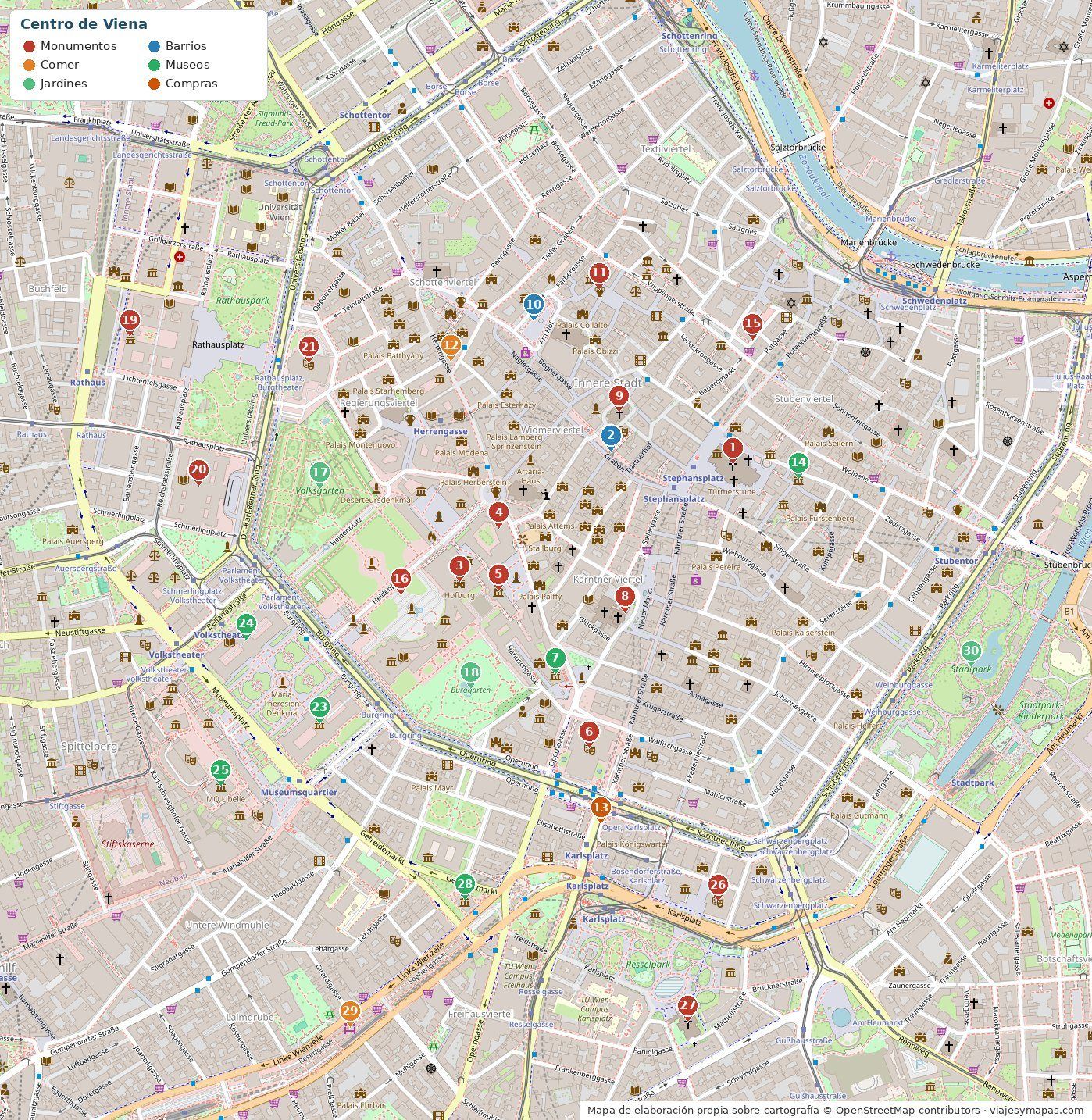 Mapa del centro de Viena con los lugares que ver numerados