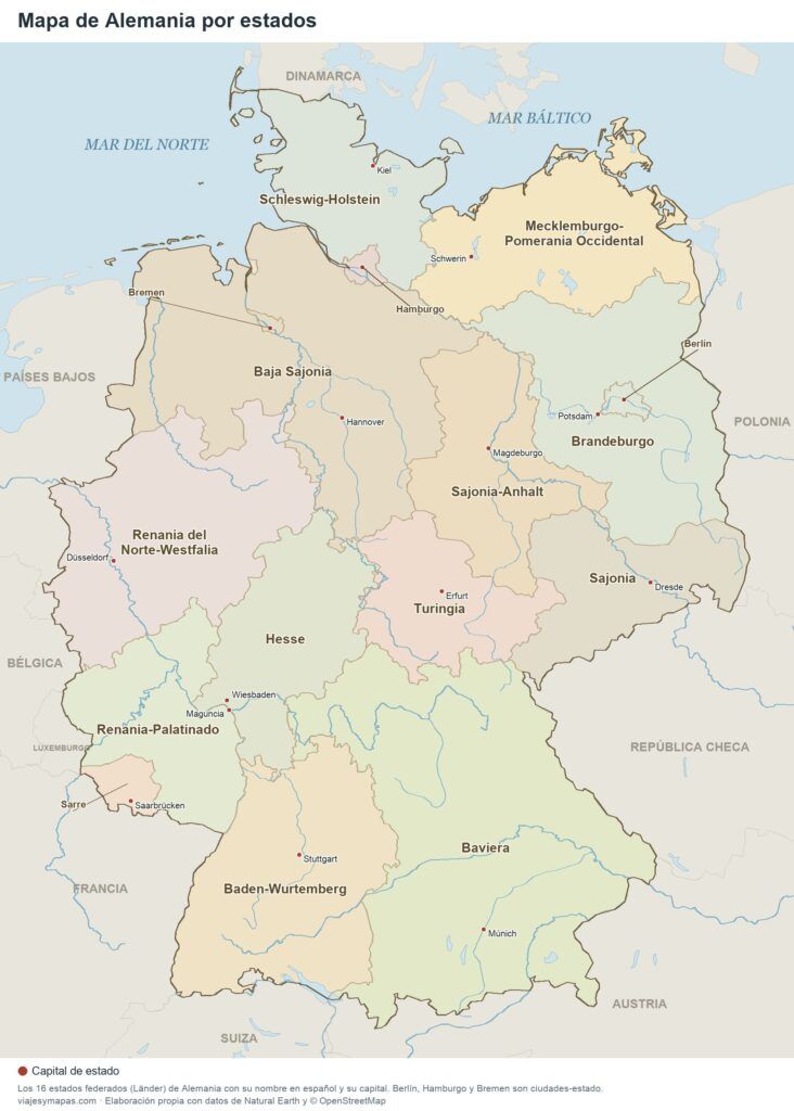 Mapa de Alemania por estados con sus nombres en español