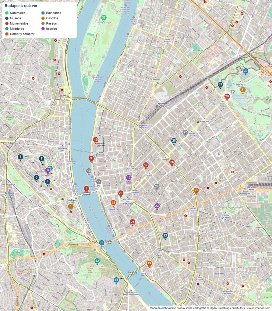Mapa turístico de Budapest con los lugares que ver numerados