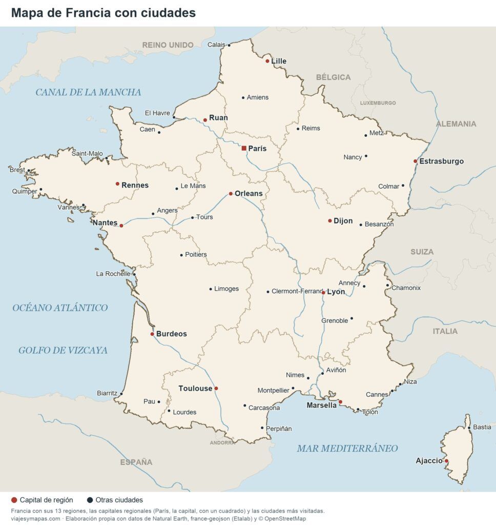 Mapa de Francia con ciudades y regiones