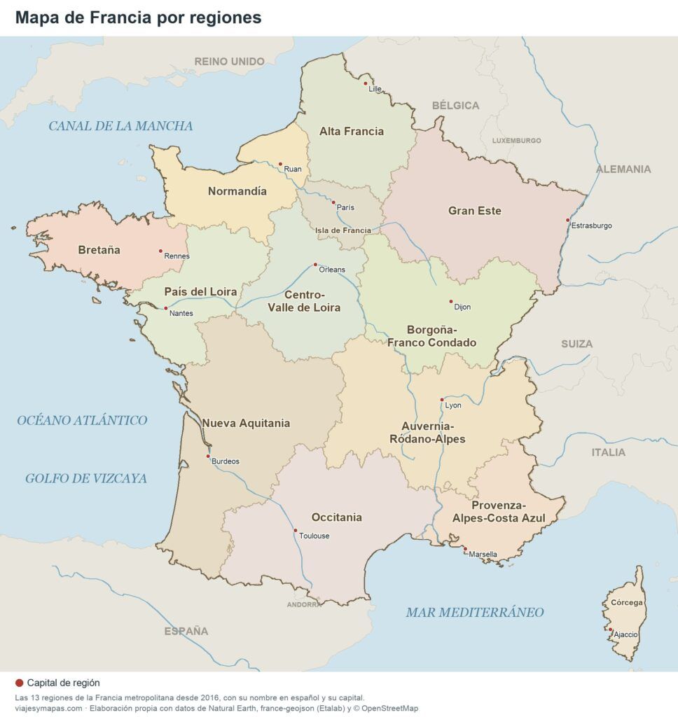 Mapa de Francia por regiones con sus nombres en español