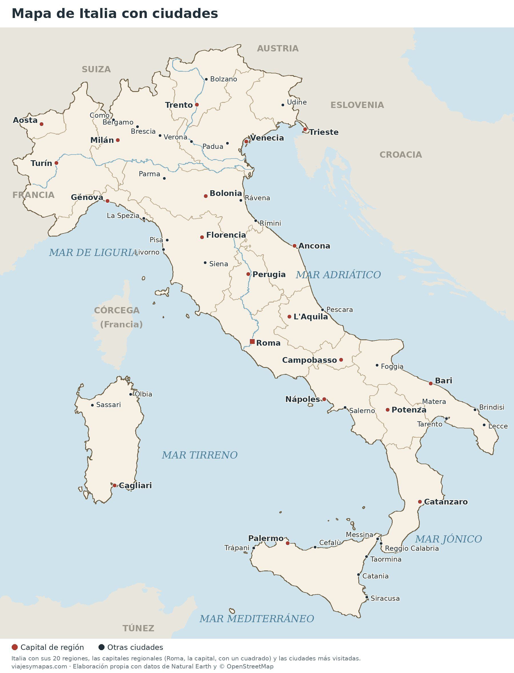 Mapa de Italia con ciudades y regiones