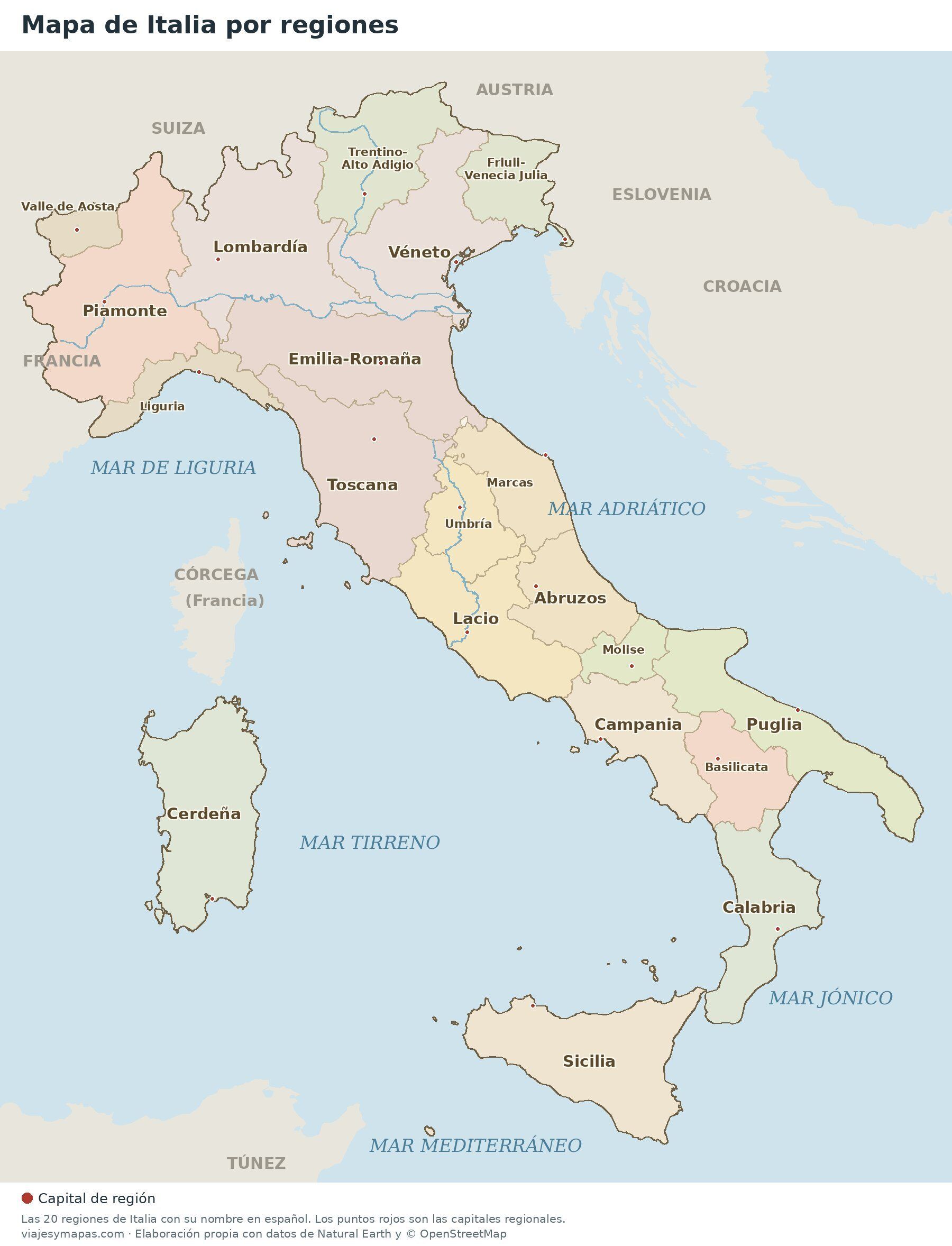 Mapa de Italia por regiones con sus nombres en español