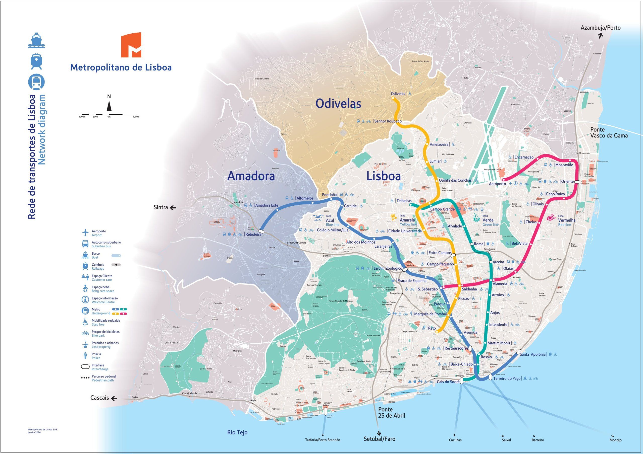 Mapa de Lisboa con las líneas de metro (Metropolitano de Lisboa, 2026)