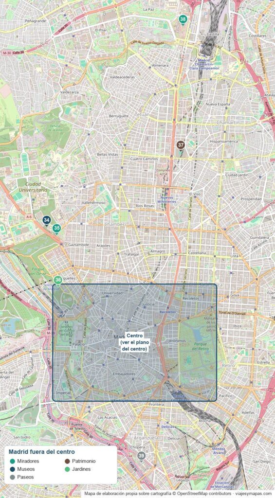 Mapa de Madrid con los lugares que ver fuera del centro: Moncloa, el Bernabéu, las Cuatro Torres y Madrid Río