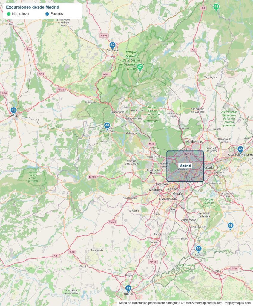 Mapa de Madrid y alrededores con las mejores excursiones de un día: El Escorial, Toledo, Segovia, Ávila, Aranjuez, Alcalá, Chinchón, Peñalara y el Hayedo de Montejo