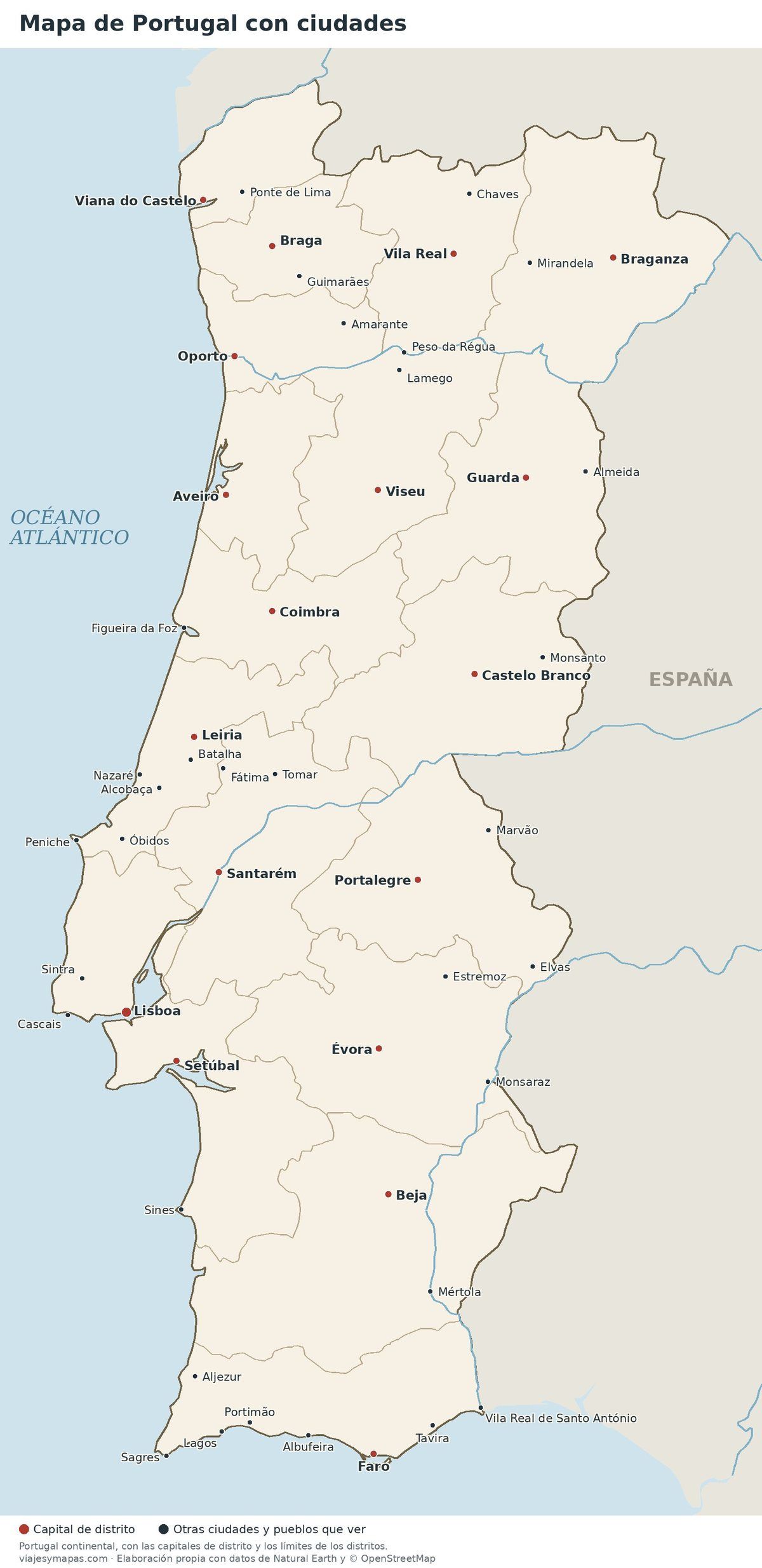 Mapa de Portugal con ciudades: capitales de distrito y principales ciudades y pueblos que ver