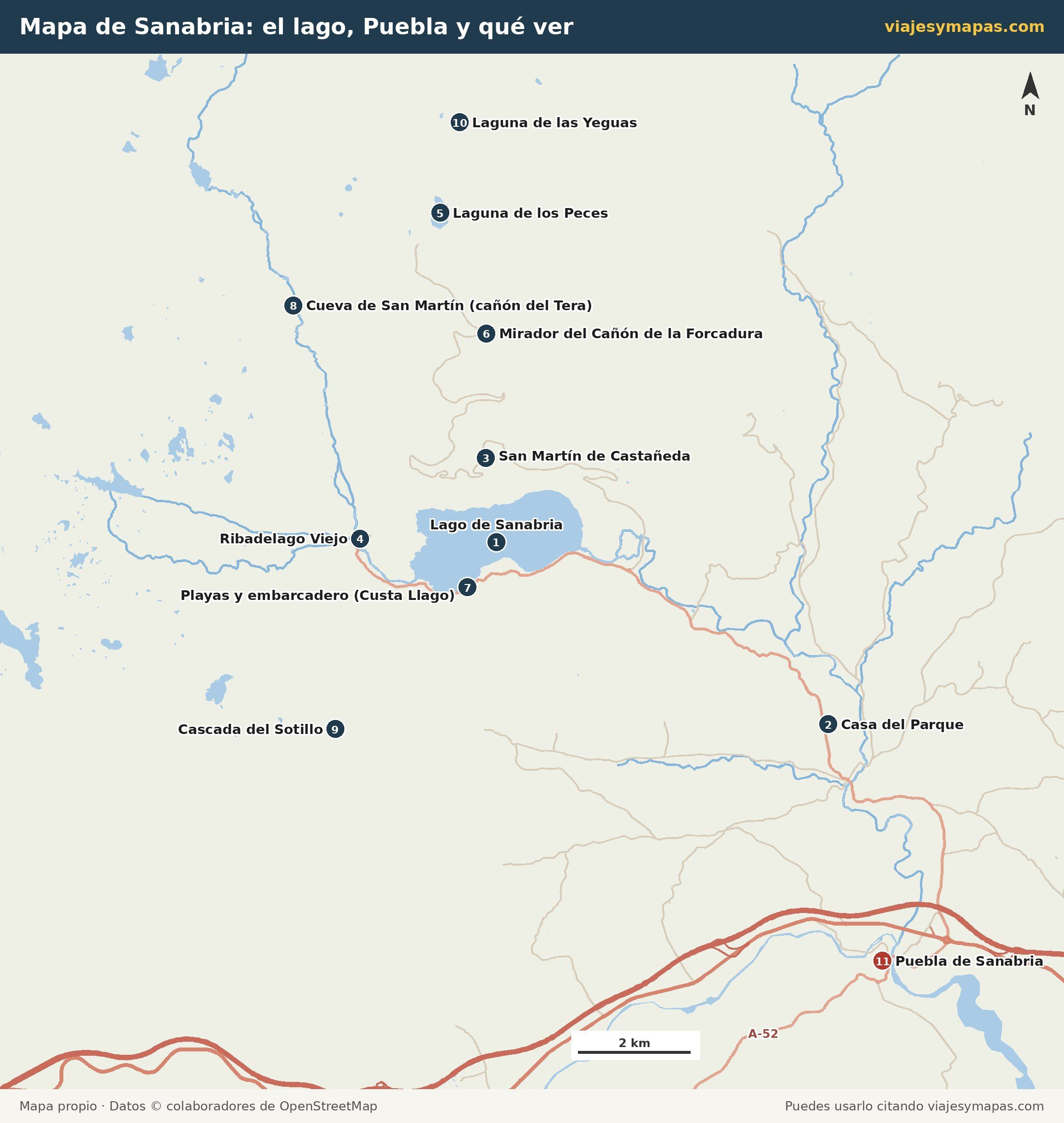 Mapa de Sanabria con el Lago de Sanabria, Puebla de Sanabria, San Martín de Castañeda, Ribadelago, las lagunas de los Peces y las Yeguas, la Cascada del Sotillo y otros lugares numerados