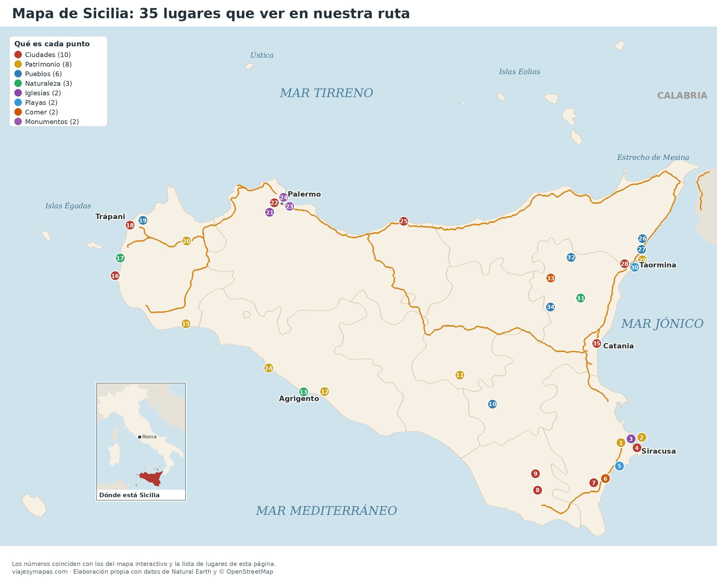 Mapa de Sicilia con los 35 lugares que ver en la ruta en coche de 9 días