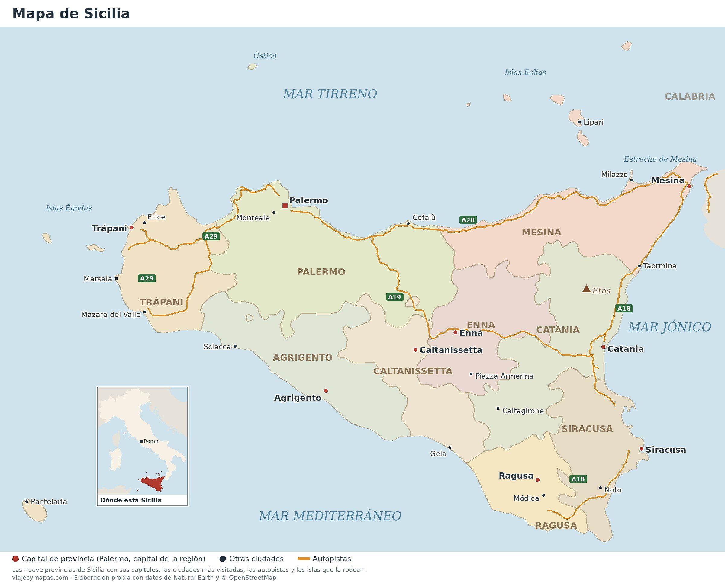 Mapa de Sicilia con sus nueve provincias, las capitales, las ciudades y las autopistas