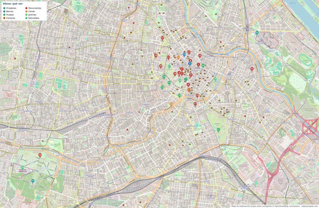 Mapa turístico de Viena con los lugares que ver numerados