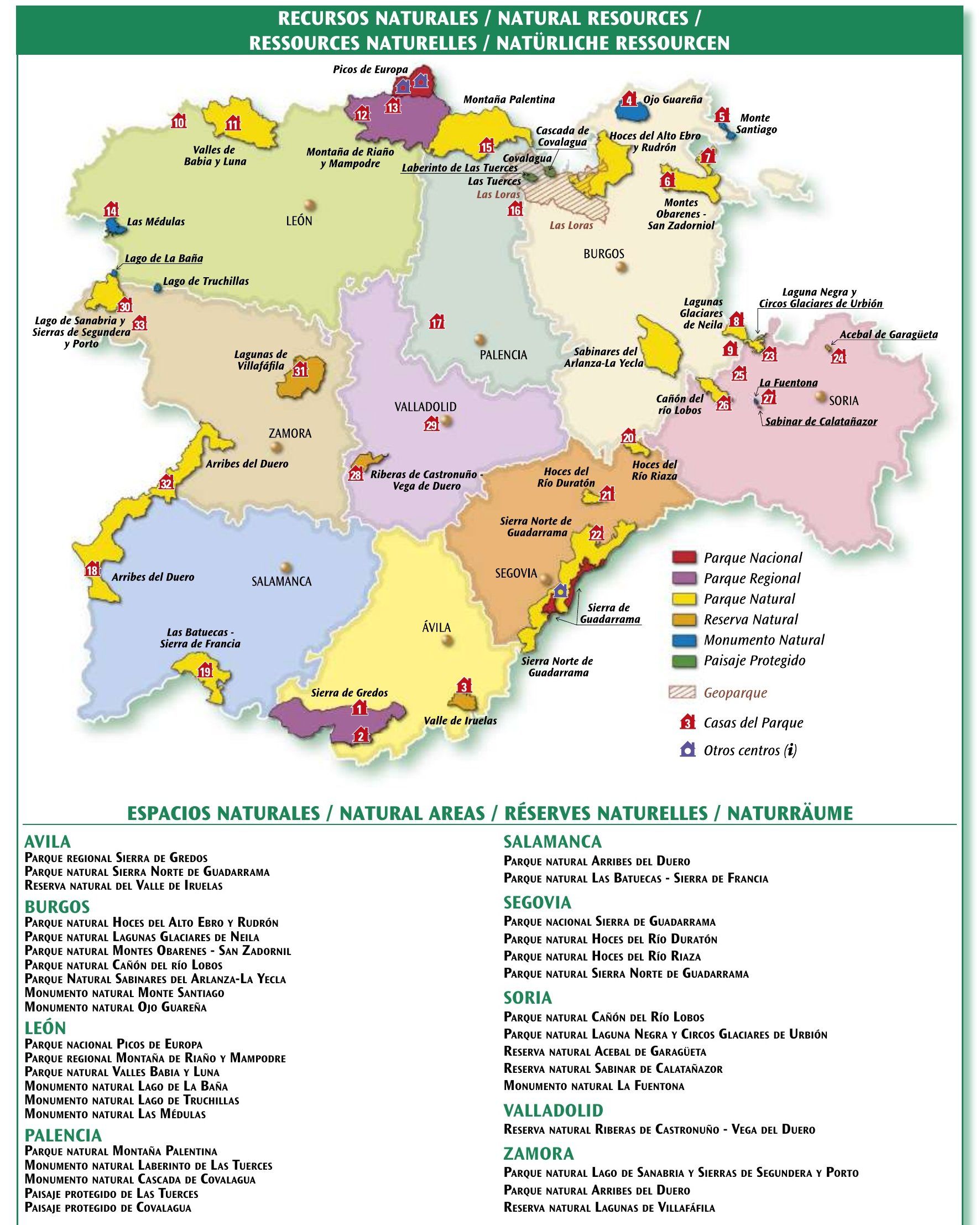 Mapa de los espacios naturales de Castilla y León por provincias, de la Junta de Castilla y León
