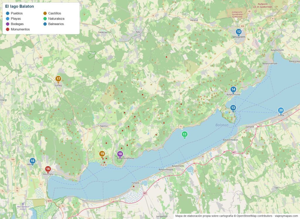 Mapa del lago Balaton con los lugares que ver numerados