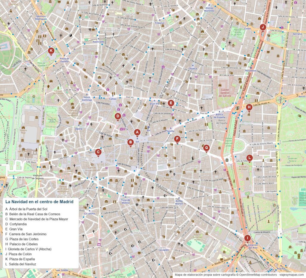 Mapa de la Navidad en Madrid con el árbol de Sol, el mercado de la Plaza Mayor, Cortylandia, los belenes y las calles con luces