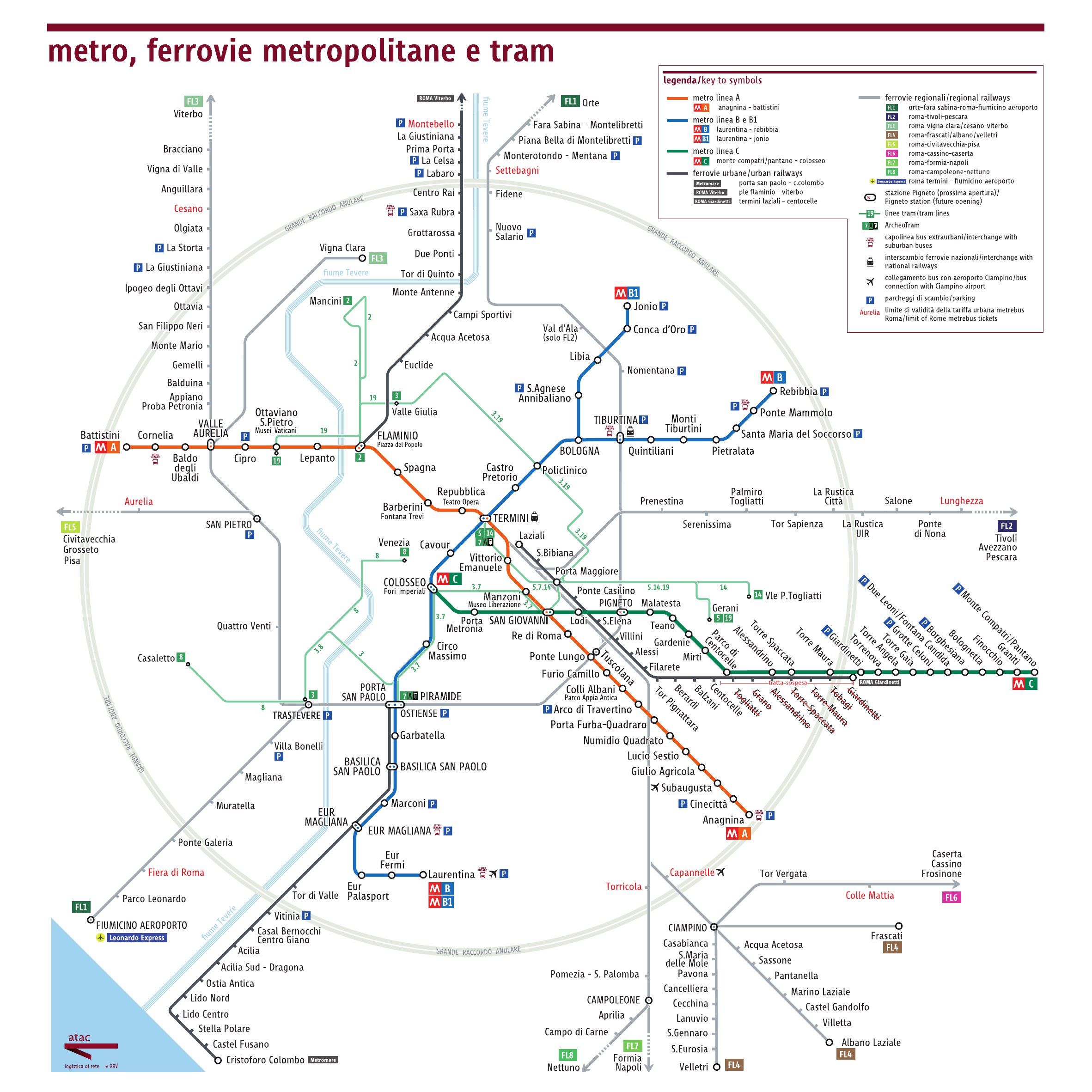 Mapa del metro, los trenes metropolitanos y el tranvía de Roma (ATAC)