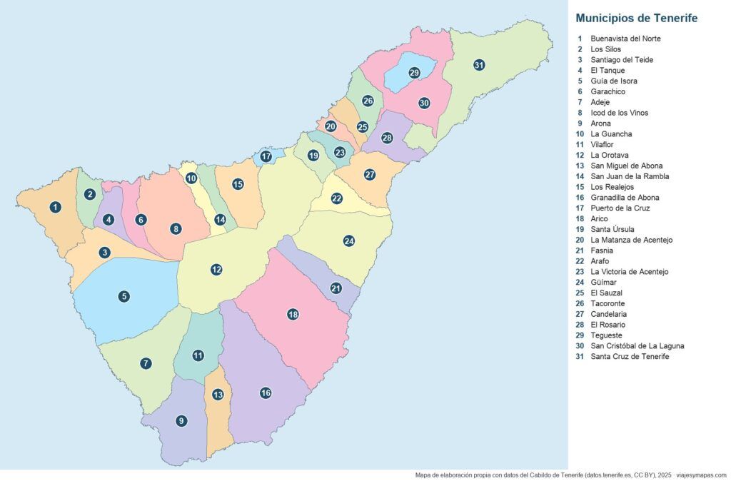 Mapa de los 31 municipios de Tenerife