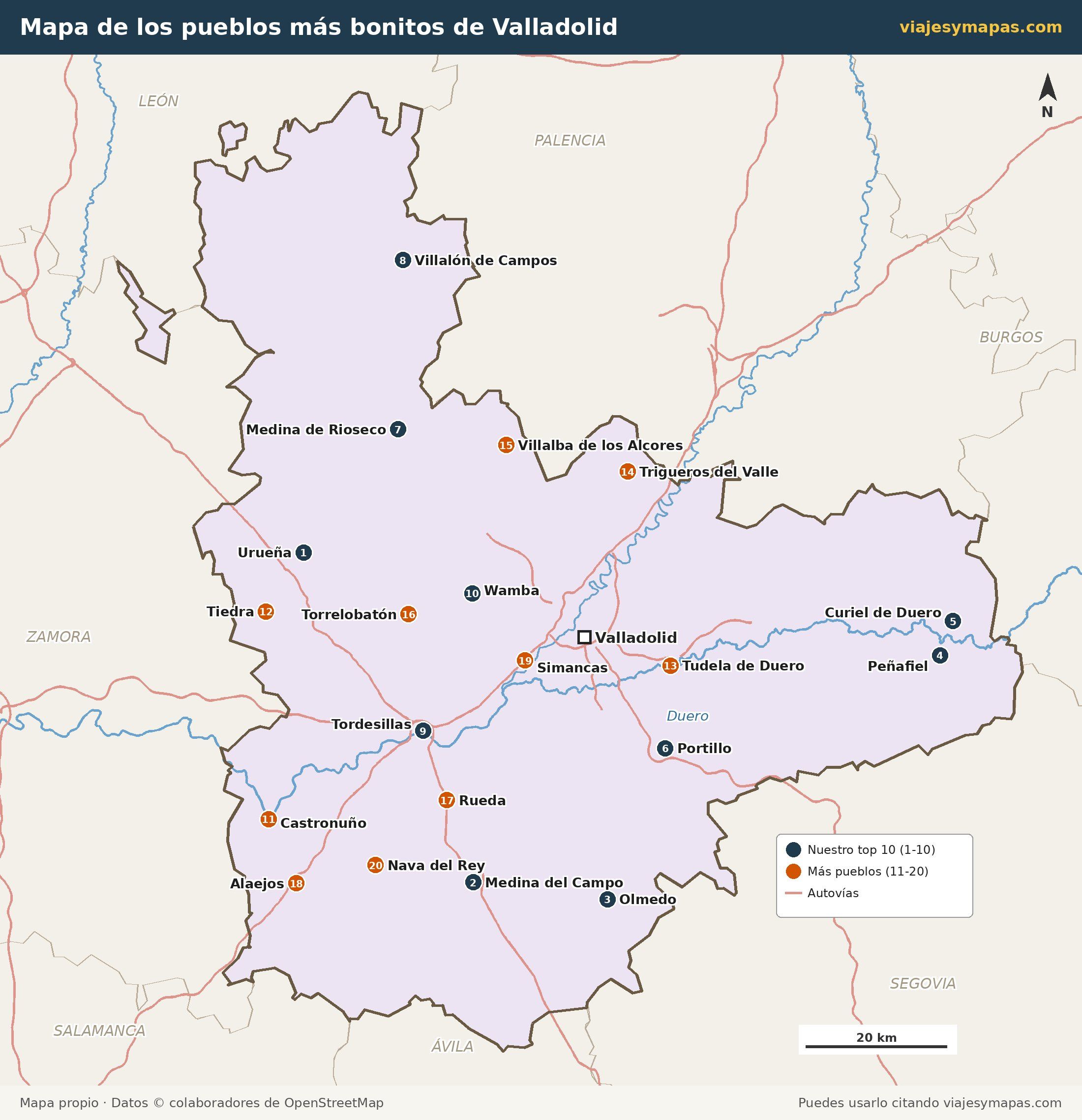 Mapa de los 20 pueblos más bonitos de Valladolid numerados: nuestro top 10 y diez pueblos más con encanto