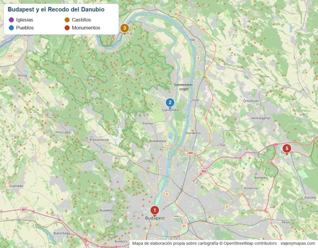 Mapa de Budapest y el Recodo del Danubio con Szentendre, Visegrád y Esztergom
