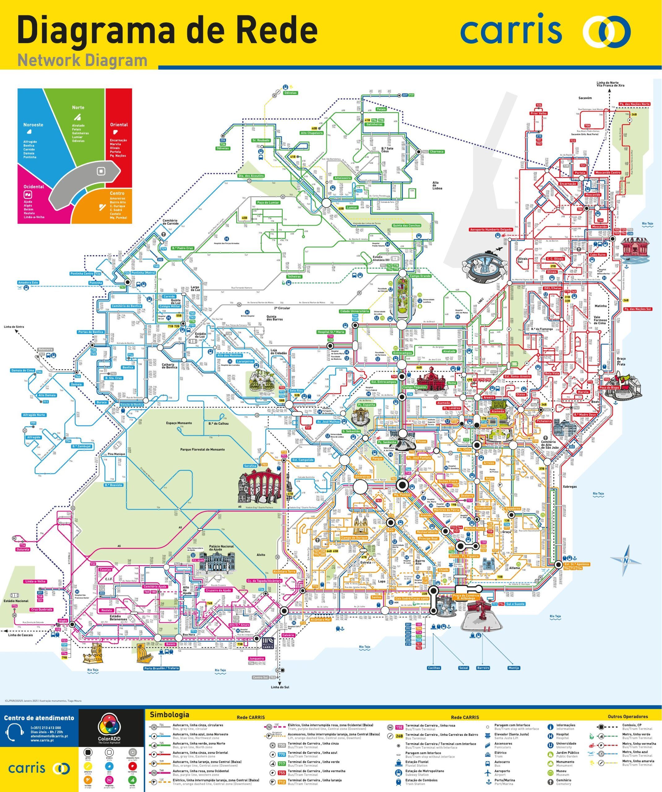 Mapa de la red de autobuses, tranvías y ascensores de Carris en Lisboa
