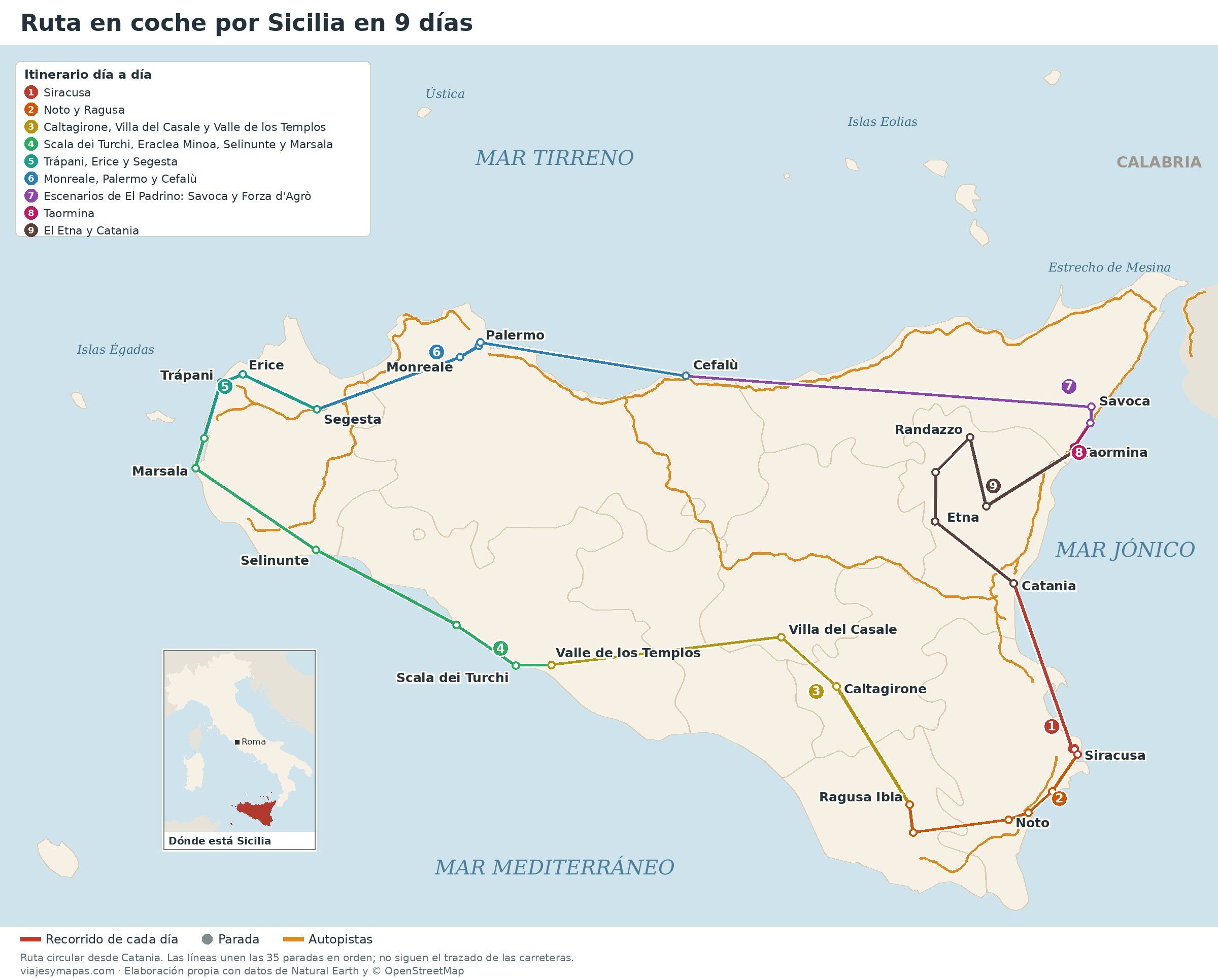 Mapa de la ruta en coche por Sicilia en 9 días, con el recorrido de cada día