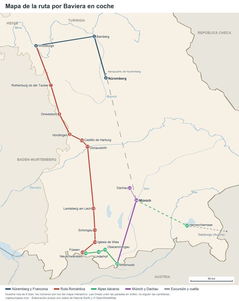 Mapa de la ruta por Baviera en coche