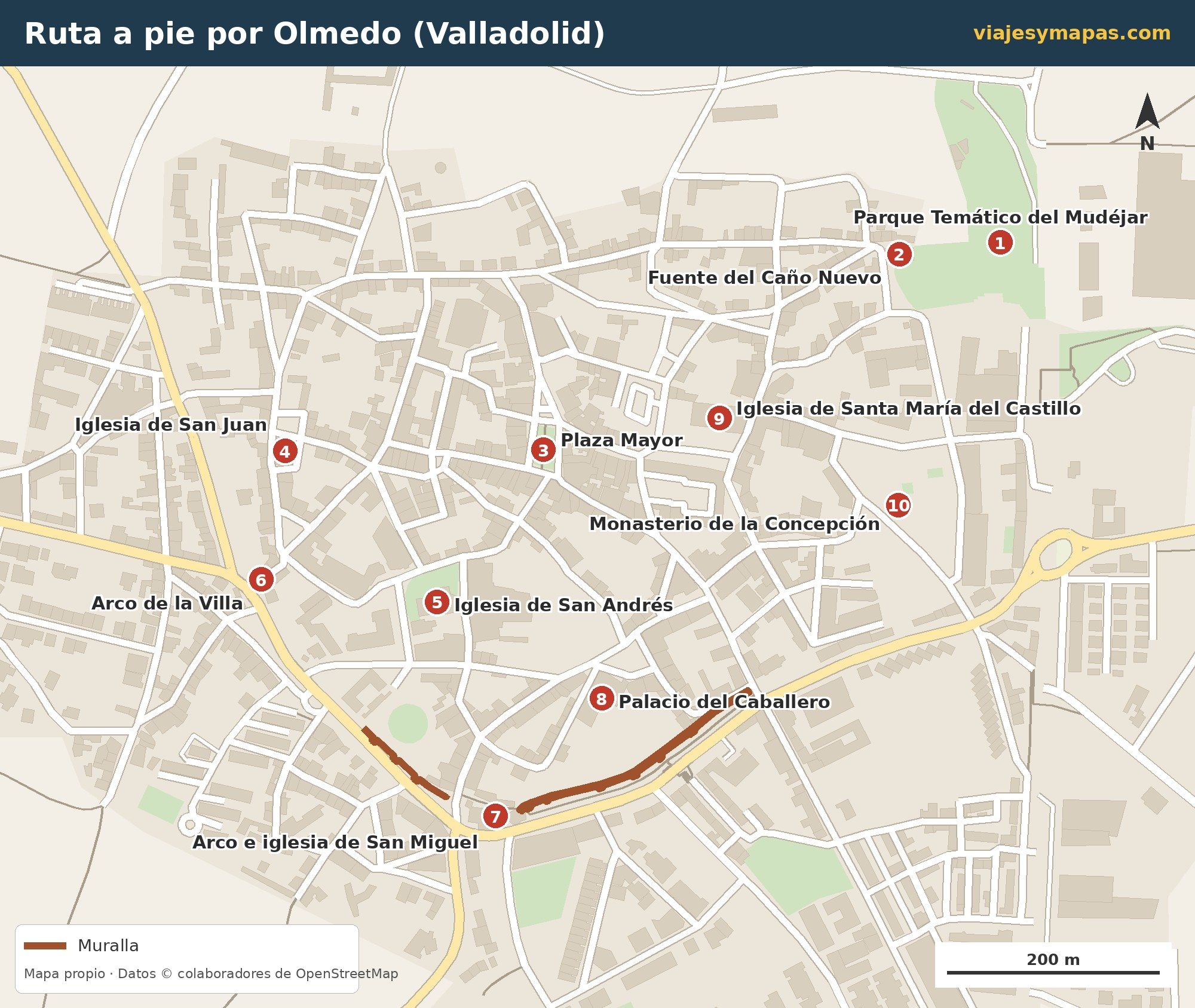 Mapa de la ruta a pie por Olmedo con 10 paradas numeradas: Parque Temático del Mudéjar, Plaza Mayor, murallas, San Miguel y Palacio del Caballero