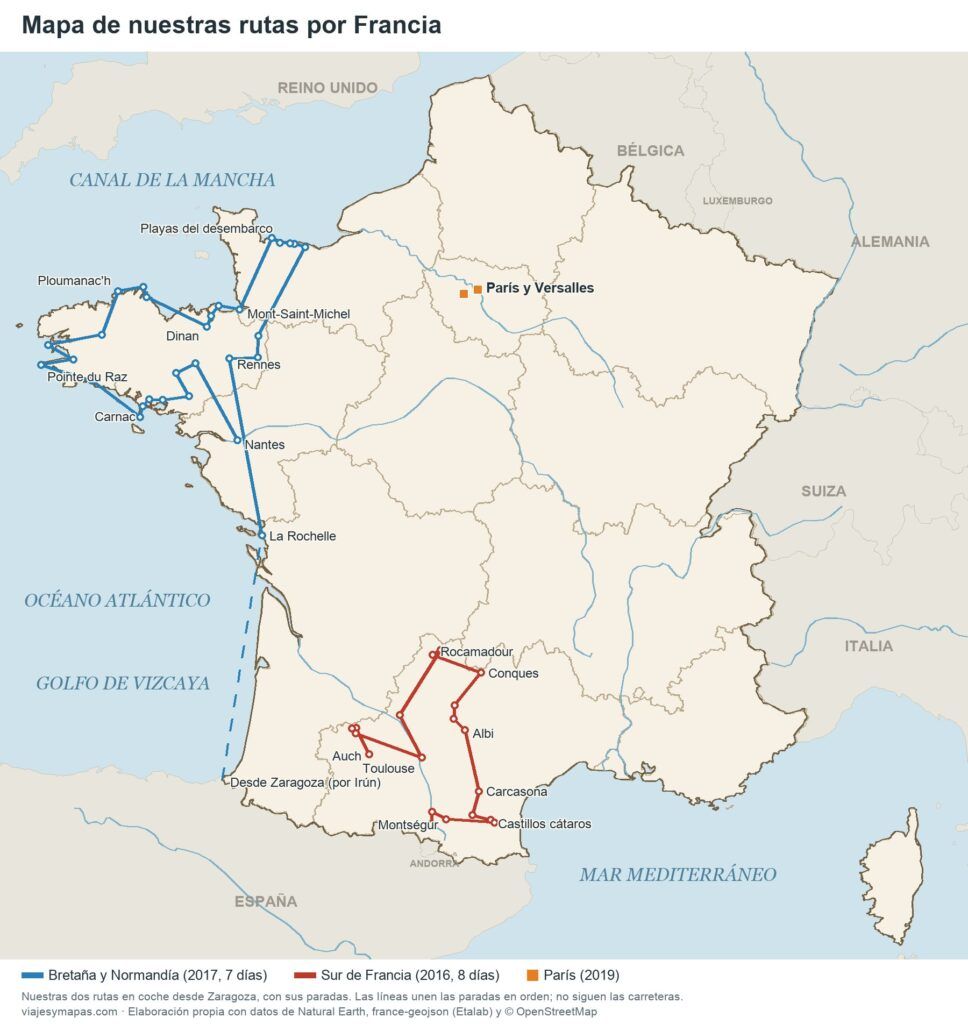 Mapa de nuestras rutas en coche por Francia: Bretaña y Normandía y sur de Francia