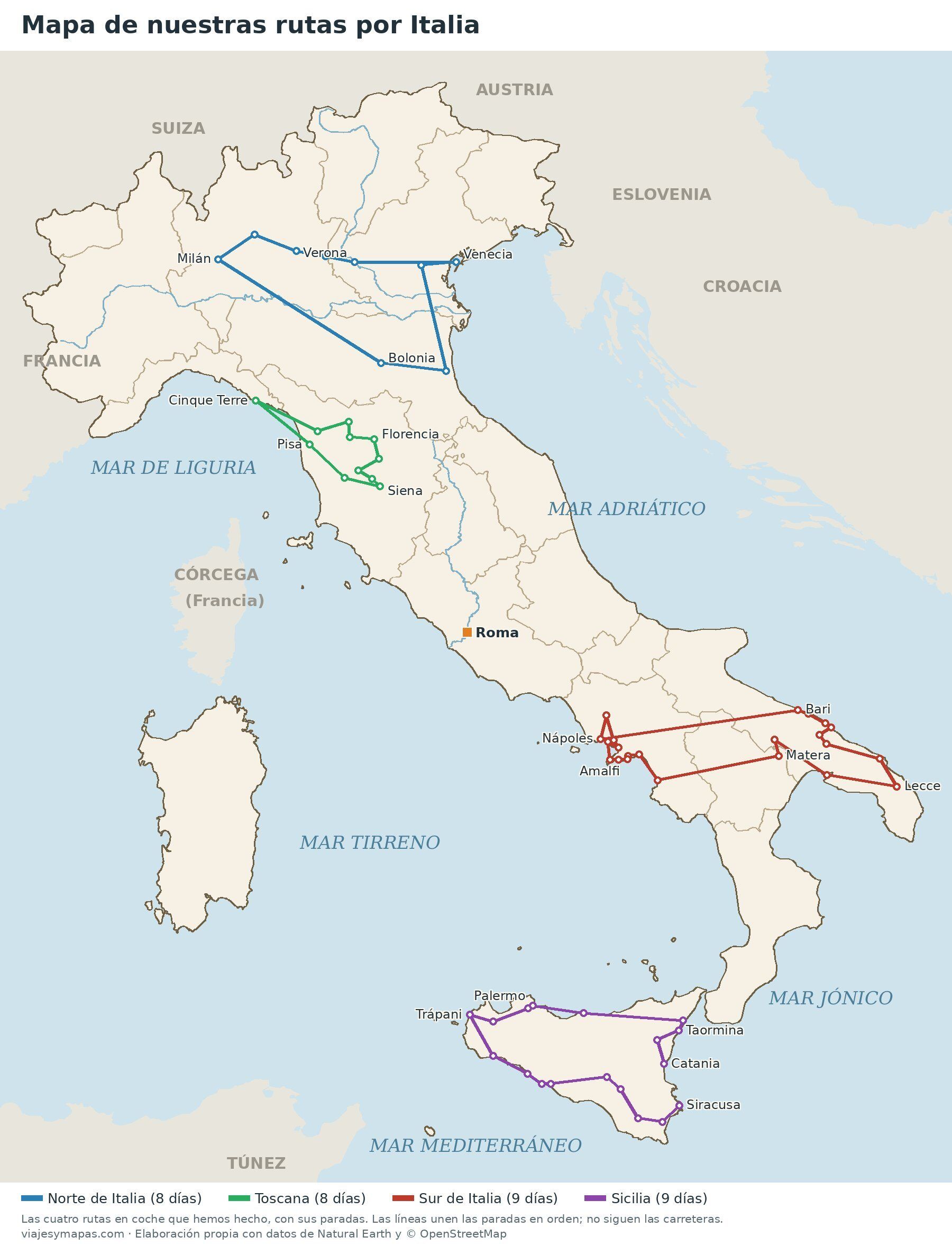 Mapa de las rutas en coche por Italia: norte, Toscana, sur y Sicilia