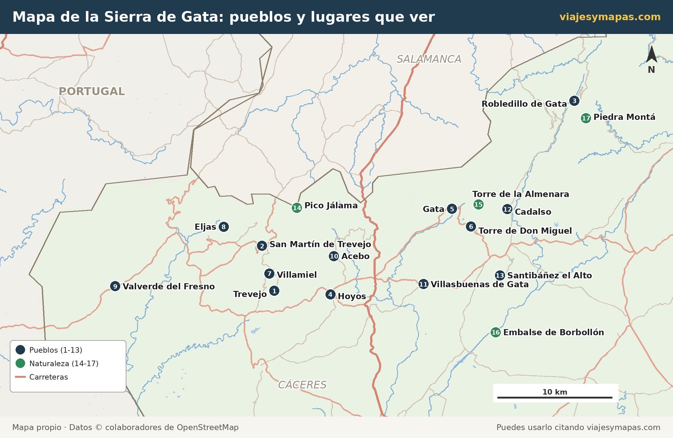 Mapa de la Sierra de Gata con 13 pueblos numerados y cuatro lugares de naturaleza: Pico Jálama, Torre de la Almenara, Embalse de Borbollón y Piedra Montá