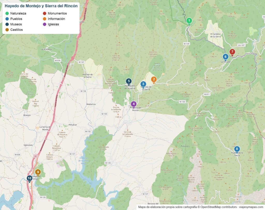 Mapa del Hayedo de Montejo y la Sierra del Rincón con los lugares que ver numerados