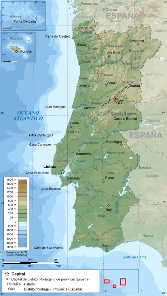 Mapa topográfico de Portugal en español con distritos, ciudades, Azores y Madeira