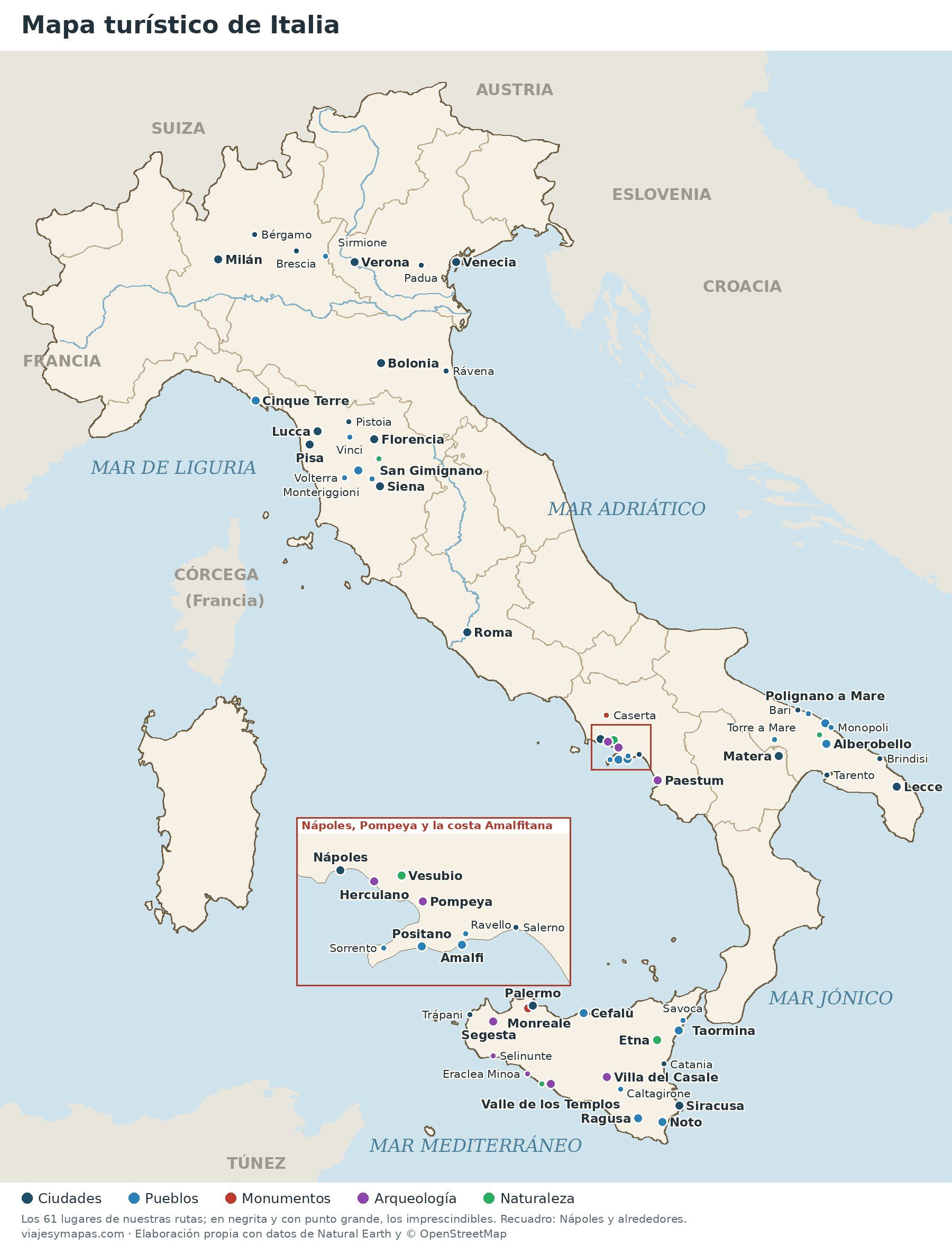 Mapa turístico de Italia con los lugares que ver