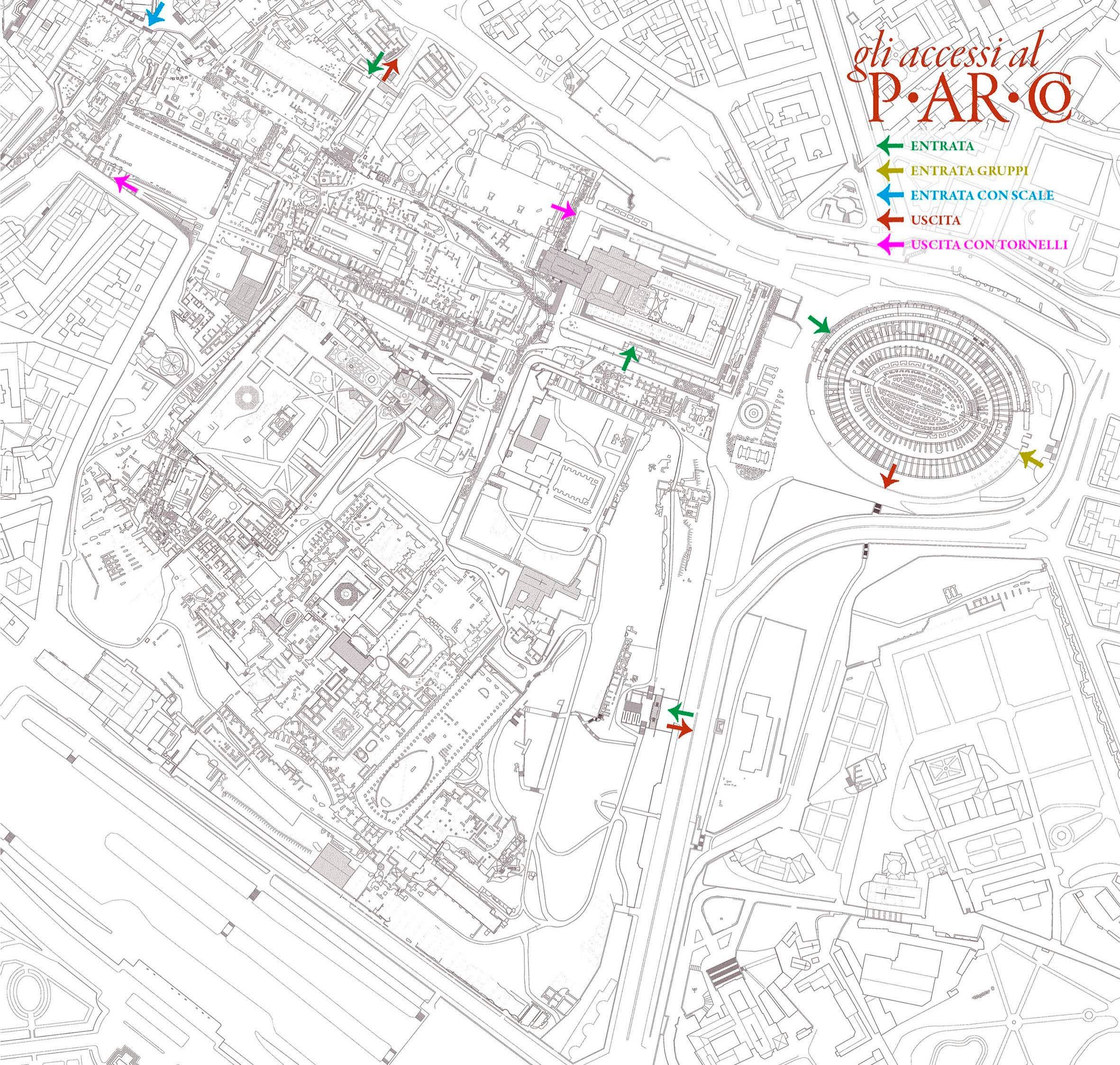 Plano de los accesos al Coliseo, el Foro Romano y el Palatino