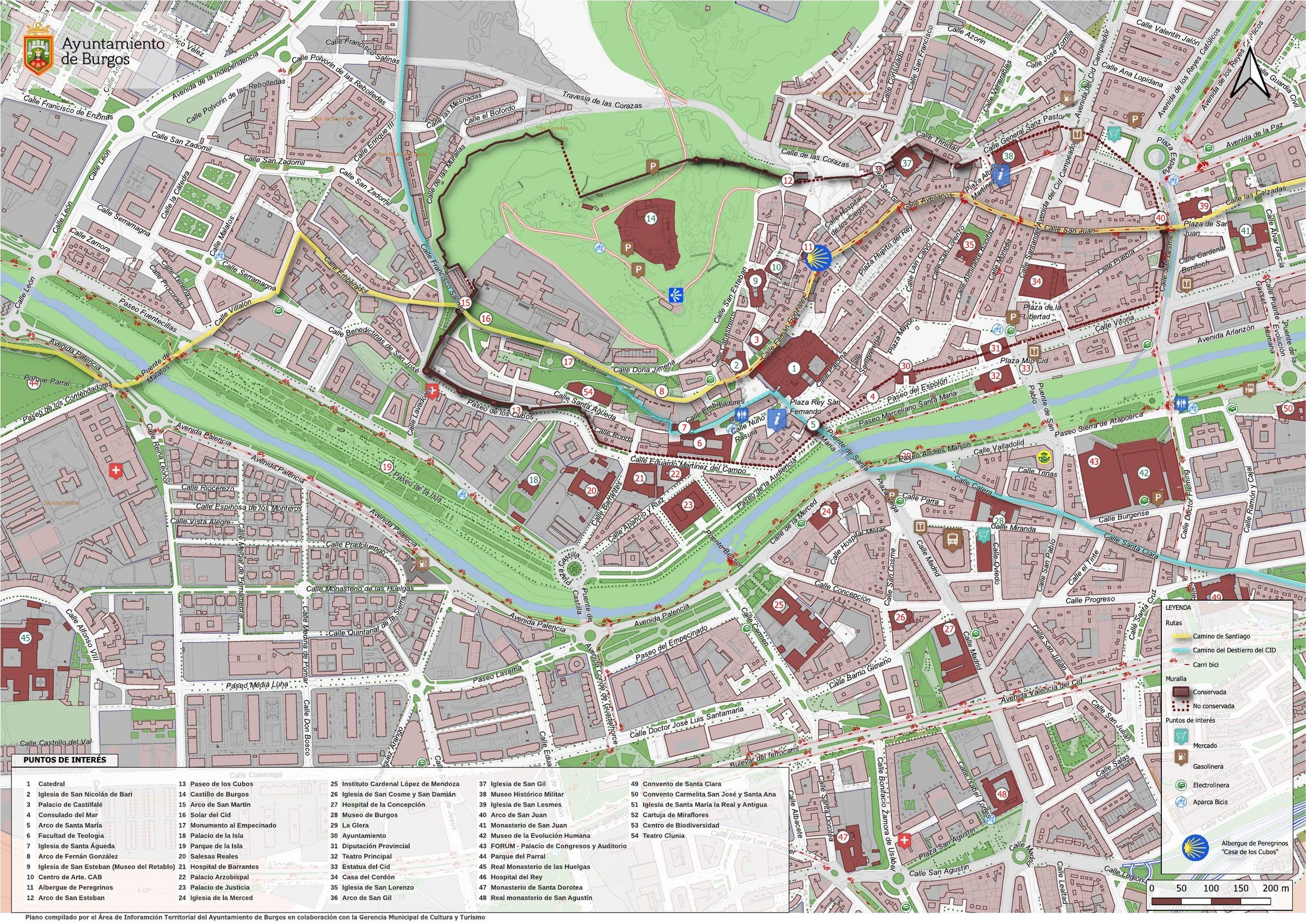 Plano turístico del centro de Burgos 2026 del Ayuntamiento con 54 puntos de interés numerados