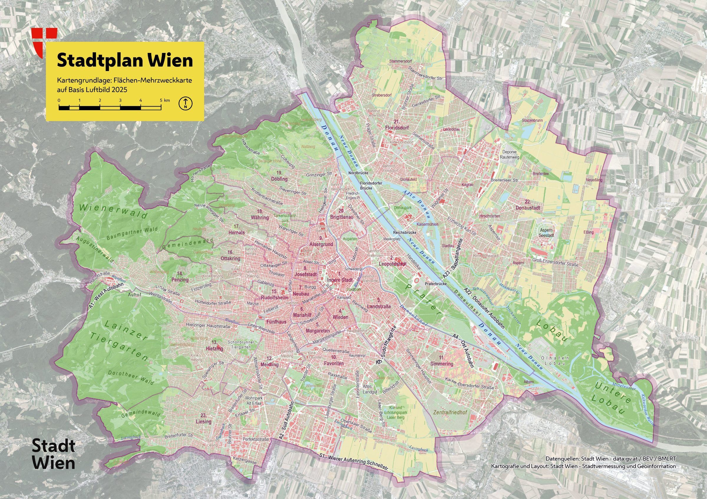 Plano de Viena con sus 23 distritos, del Ayuntamiento de Viena