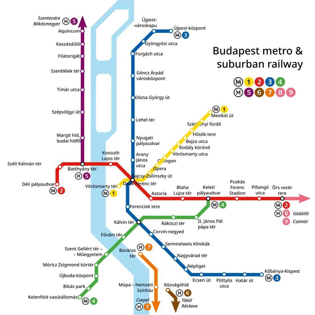 Plano del metro y los trenes HÉV de Budapest