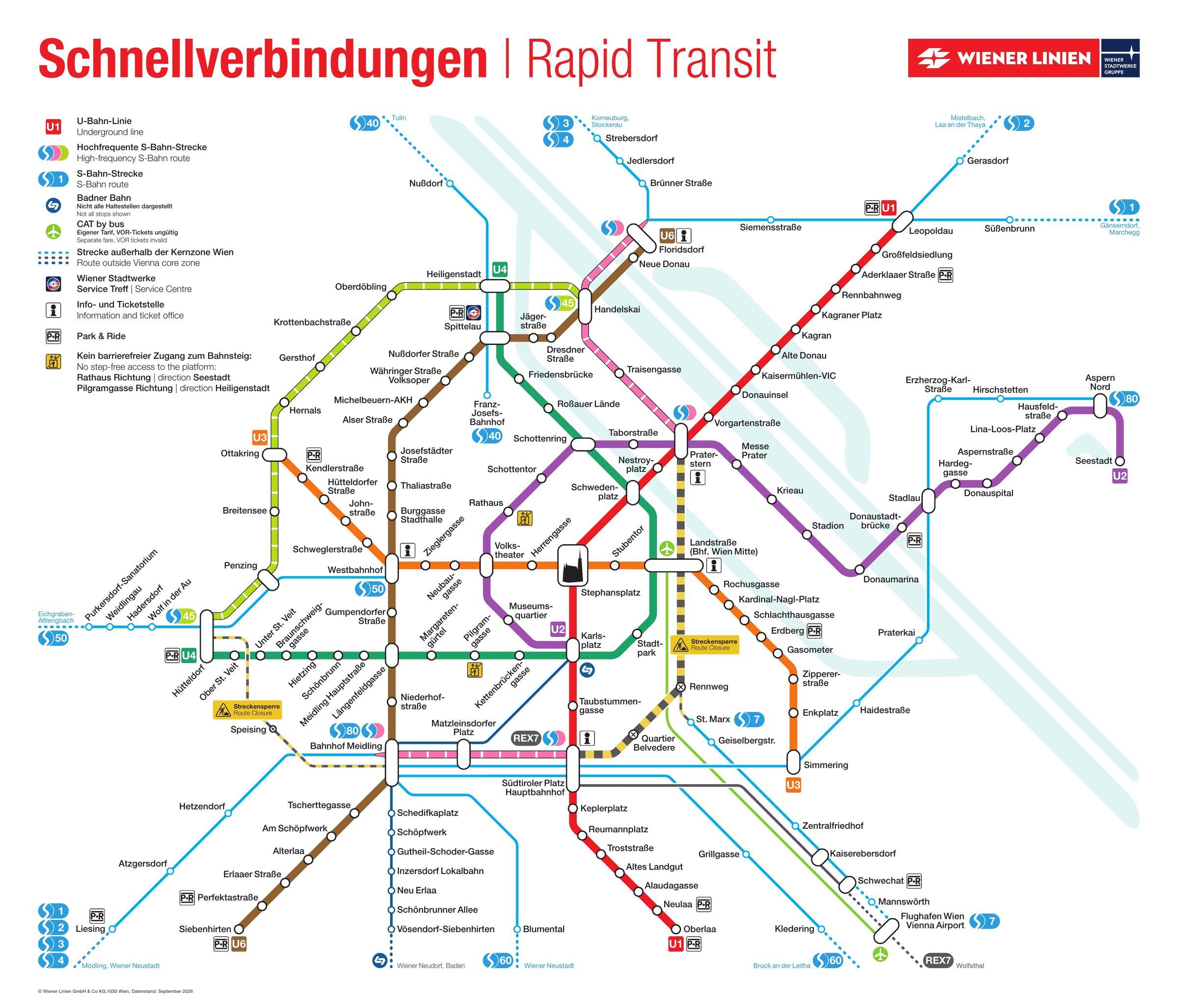 Plano del metro y trenes rápidos de Viena de Wiener Linien