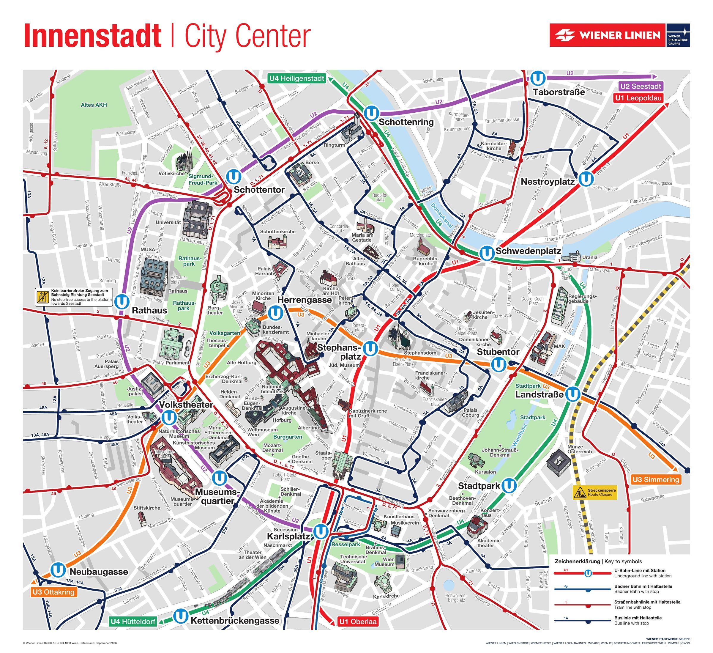Plano del transporte público del centro de Viena de Wiener Linien