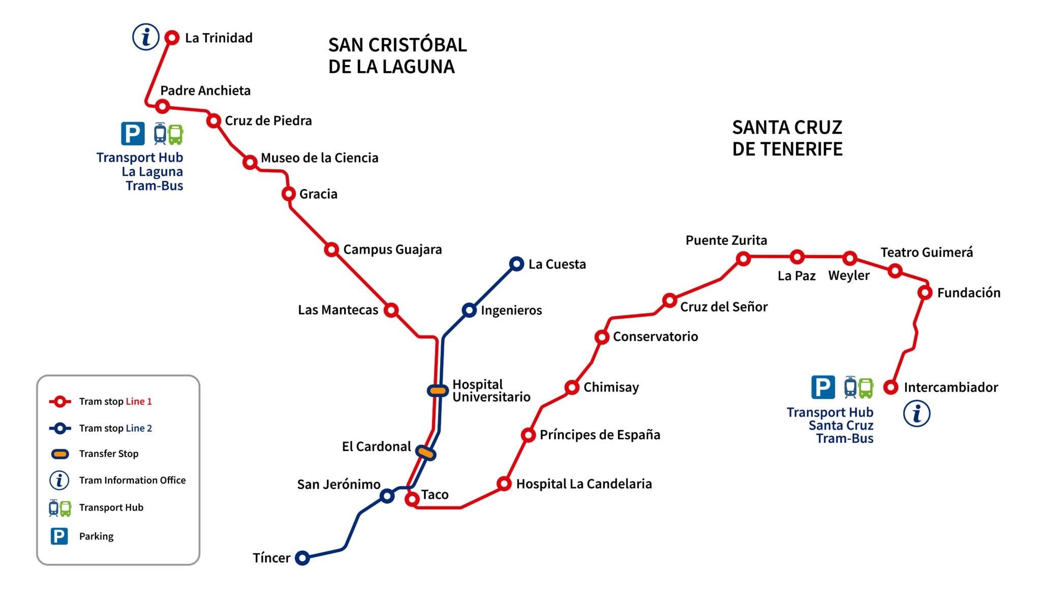 Plano de las líneas 1 y 2 del tranvía de Tenerife entre Santa Cruz y La Laguna